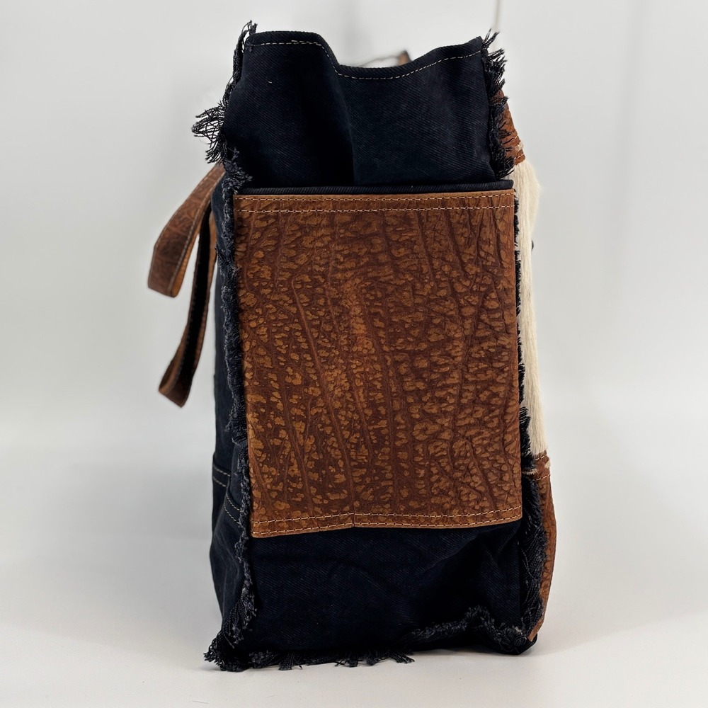 Myra Asher Weekender Bag Women's Brown Cowhide Leather Denim S-6780 Boho New - Picture 10 of 14